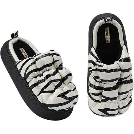 

PIKADINGNIS Women Fashion Cow Zebra Line Printed House Shoes Chic PU Leather Faux Fur Fluffy Lining Soft Warm Slippers Home Indoor Outdoor
