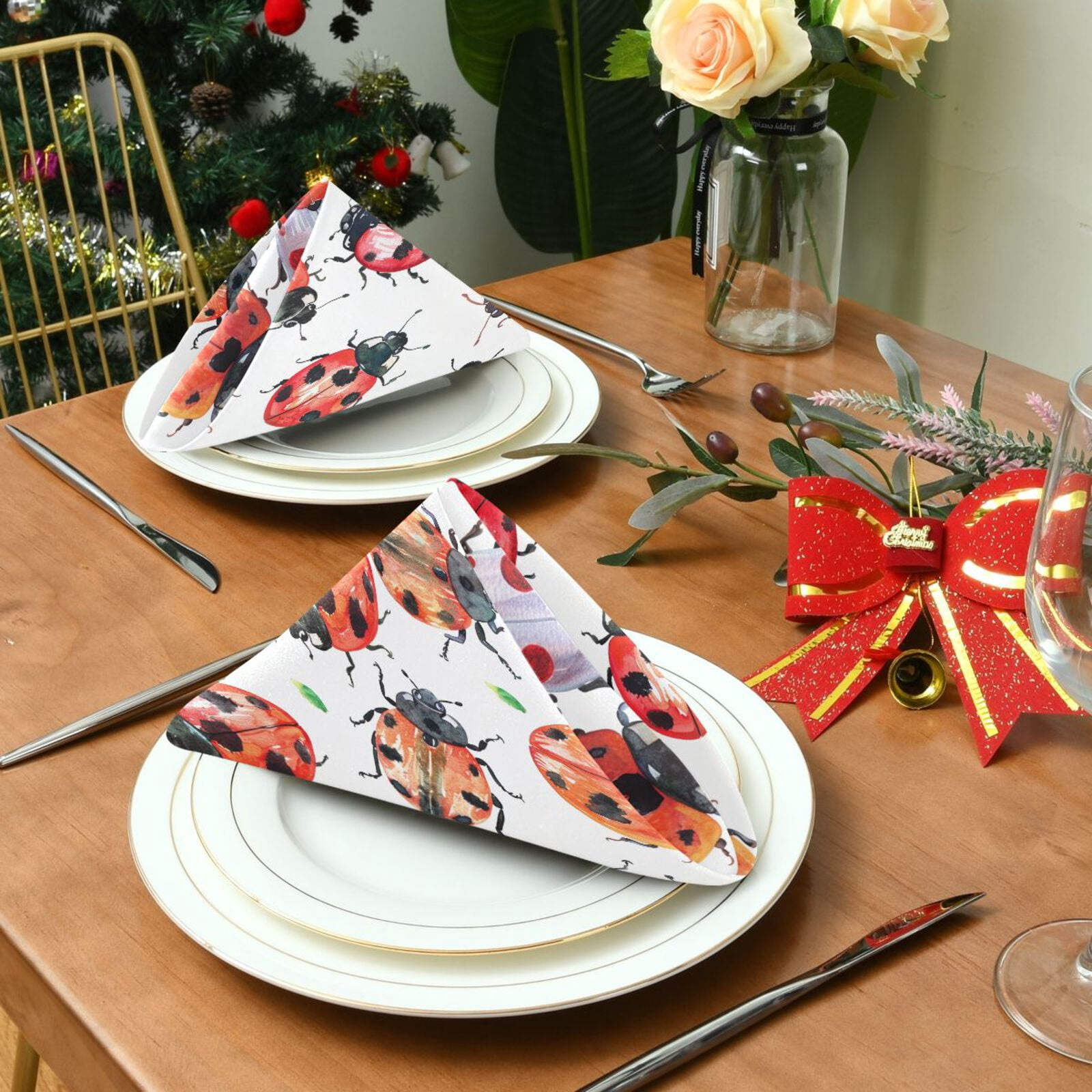 JSTEL Lady Bug Watercolor Cloth Napkins Set of 6, 20x20 Inch Washable and Reusable Napkin for Decoupage Dinner Party Everyday Use