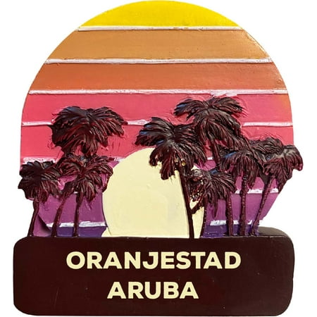 

Oranjestad Aruba Trendy Souvenir Hand Painted Resin Refrigerator Magnet Sunset and palm trees Design 3-Inch Approximately
