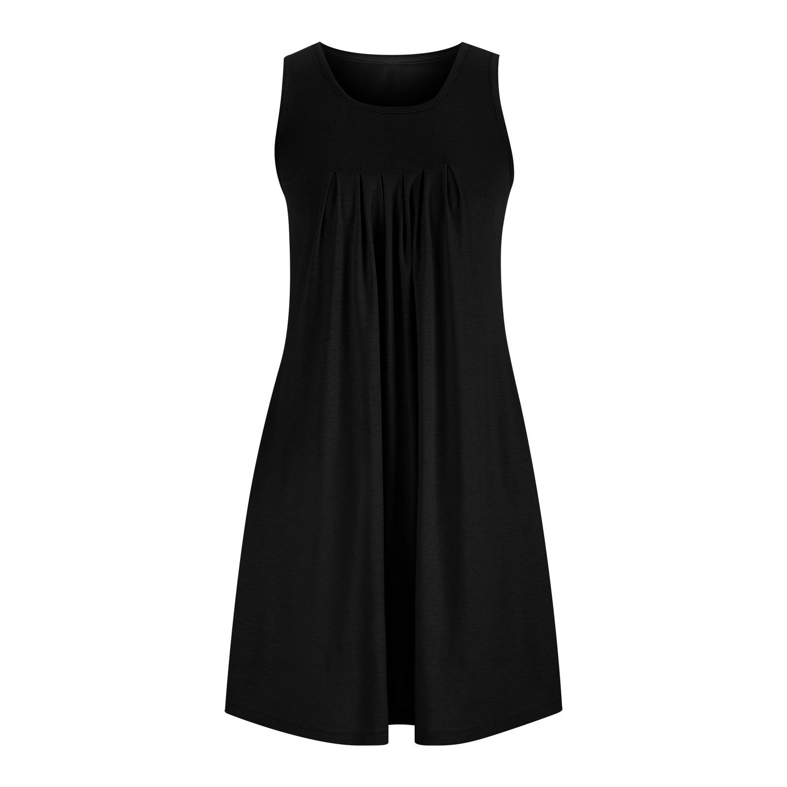 POTETI Summer Dresses for Women 2024 Black Beach Dresses Nightgown With Pockets Sleep Shirts Sleeveless Sleepwear Pleated Front Nightshirt Crew Neck Nightdress Sun Dresses for Plus Size Women