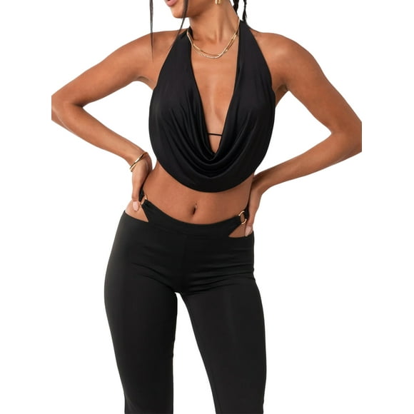Fortune Backless Halter Crop Top for Women Deep V Neck Ruched Camisole Front Draped Mini Vest