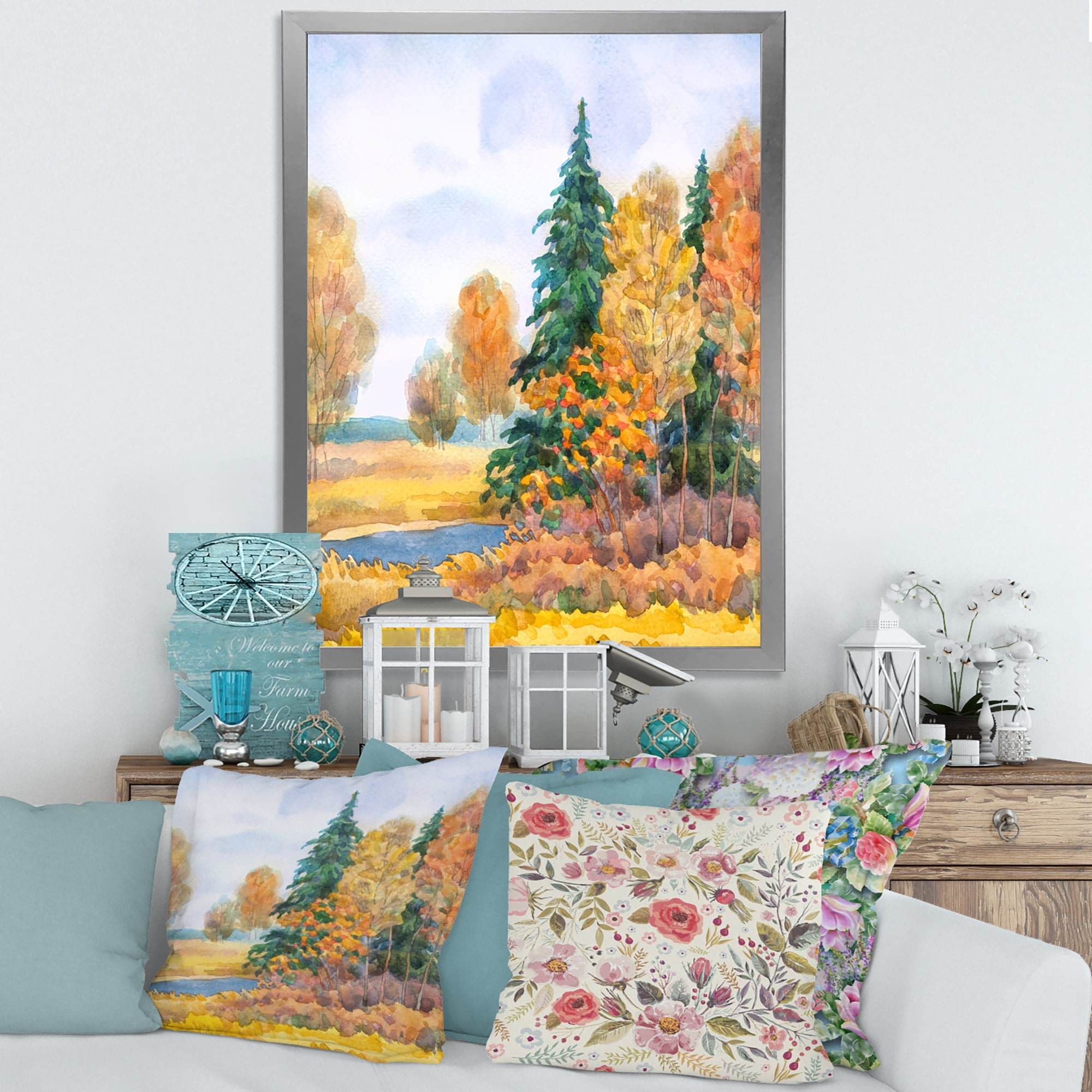 Designart 'Autumn Forest By The Lake Side V' Lake House Framed Art Print