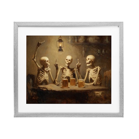Skeletons Drinking at Tavern Gray Framed Print Under Glass, design by Arlington Prints