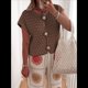 thumbnail image 5 of Suéter de Corta para Mujer, Cuello Redondo, Cárdigan de Punto de Crochet Calado, Camisas Casuales de Verano con Botones. Marrón S, 5 of 7