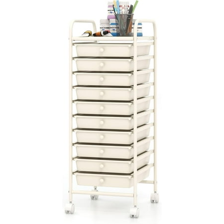 SKTPI 10-Drawer Rolling Storage Cart Utility Mobile Trolley with Removable Drawers & Universal Casters & 2 Brakes Versatile Flexible Drawer Organizer Cart for Home Office White