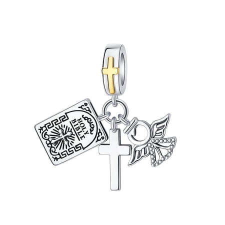 ARVALILS 925 Sterling Silver Bible Cross Angel Charm, Two-tone Religious Pendant for Bracelets & Necklaces