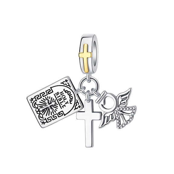 ARVALILS 925 Sterling Silver Bible Cross Angel Charm, Two-tone Religious Pendant for Bracelets & Necklaces