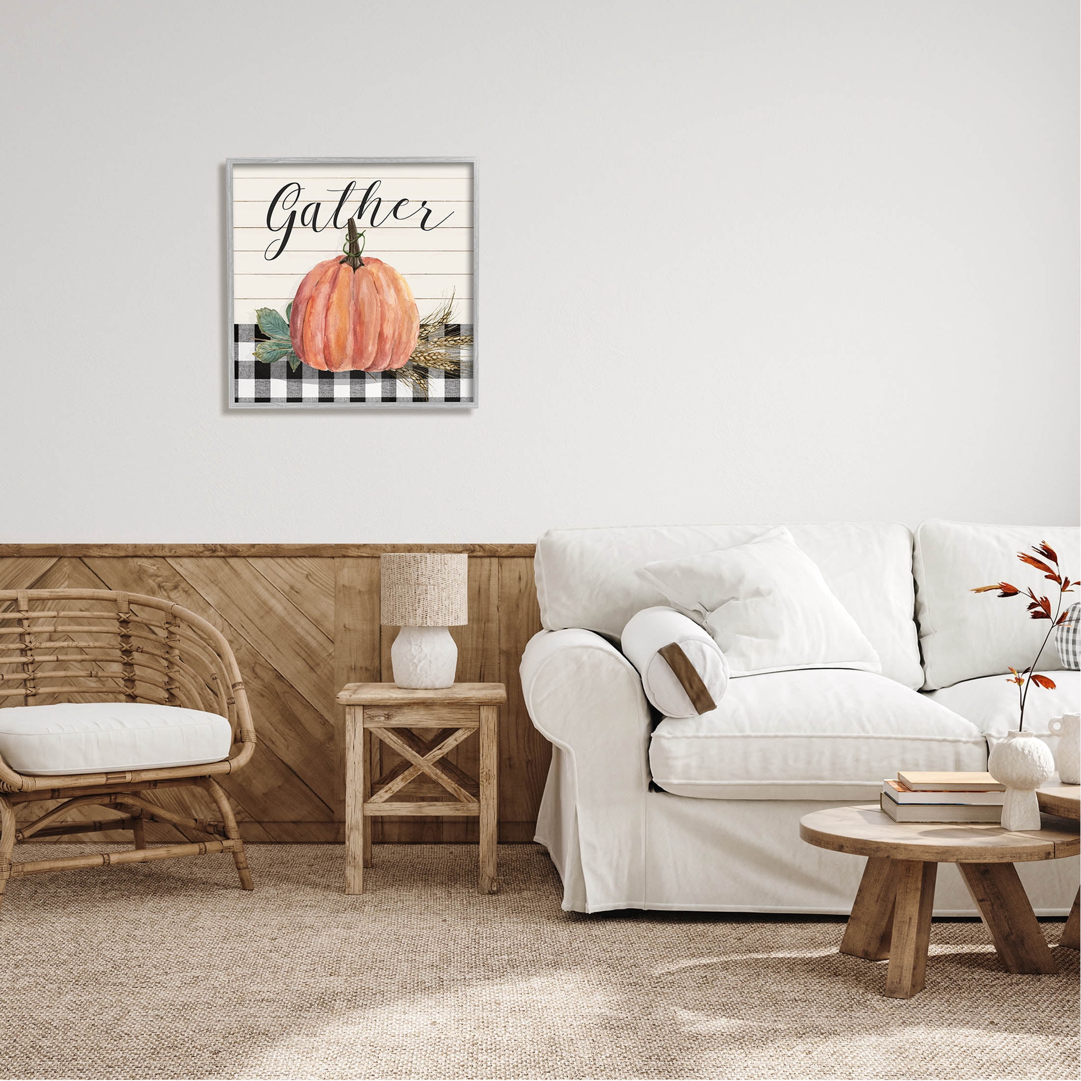 Stupell Industries Gather Seasonal Botanical Pumpkin Graphic Art Gray Framed Art Print Wall Art, Design by Livi Finn