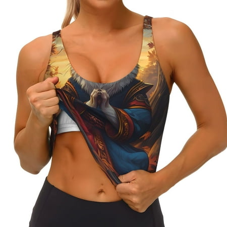 Qokaie Maple Leaf Meditating Squirrel Pattern Womens Scoop Neck Sports Bra Breathable Workout Vest Padded U Back Medium Impact Fitness Gym Yoga Bra Workout Crop Top