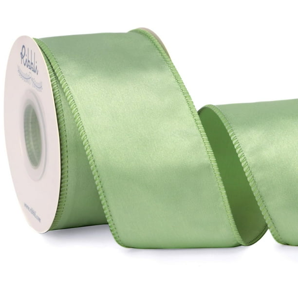 Cinta decorativa Ribbli verde salvia con alambre satinado de 6,5 cm x 18,3 m