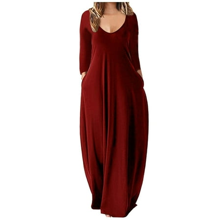 

Valentine s Day Deals Simple Plain Women Casual Pockets Plus Size Dresses Solid Crewneck Long Sleeve Maxi Long Dress Casual Stretch Maxi Long Dresses Wine XXXXL