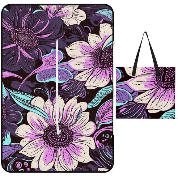Purple Flowers Waterproof Picnic Blanket with Foldable Zipper, Suitable for Outdoor Use, Suitable for Travel, Camping, Beaches, Parks, Grasslands, Picnic Blanket Accessories