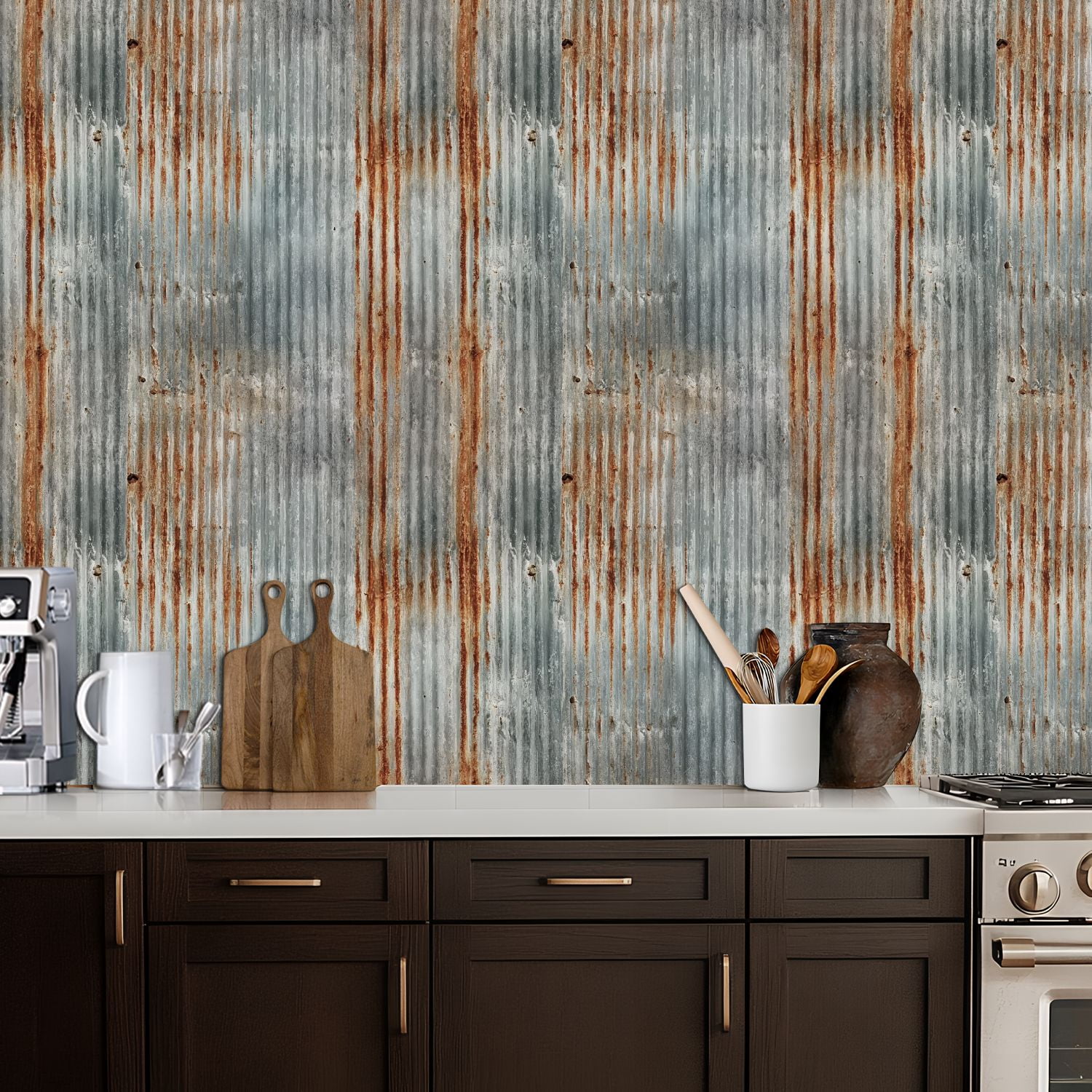 Modern Industrial Rusty Corrugated Metal Texture Vertical Ridges Weathered Wall Mural 17.7in x 9.8ft Self Adhesive Removable Wall Paper Renter Friendly Wallpaper for Bedroom Cabinets