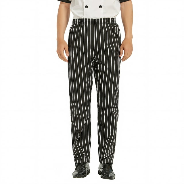 TOPTIE Men's Black Stripe Baggy Work Chef Pant Elastic Waist Restaurant Work Pants