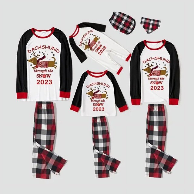 Pijamas familiares a juego de Navidad, conjunto de pijamas de Dachshund a través de la nieve, Tops de reno, pantalones, 2023