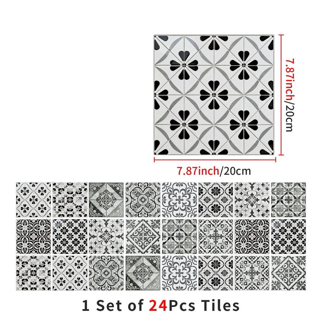 24Sheet Self Adhesive Tile Sticker Peel and Stick Backsplash 7.87" x 7.87" DIY Decor Gray Black Flowers Wall Stickers Waterproof Vinyl Decals