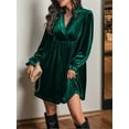 thumbnail image 5 of Women Elegant Retro Short Loose V-Neck Long Sleeve Velvet Solid Color Dress Fall Winter Fashion Clothing Dark Green L, 5 of 9