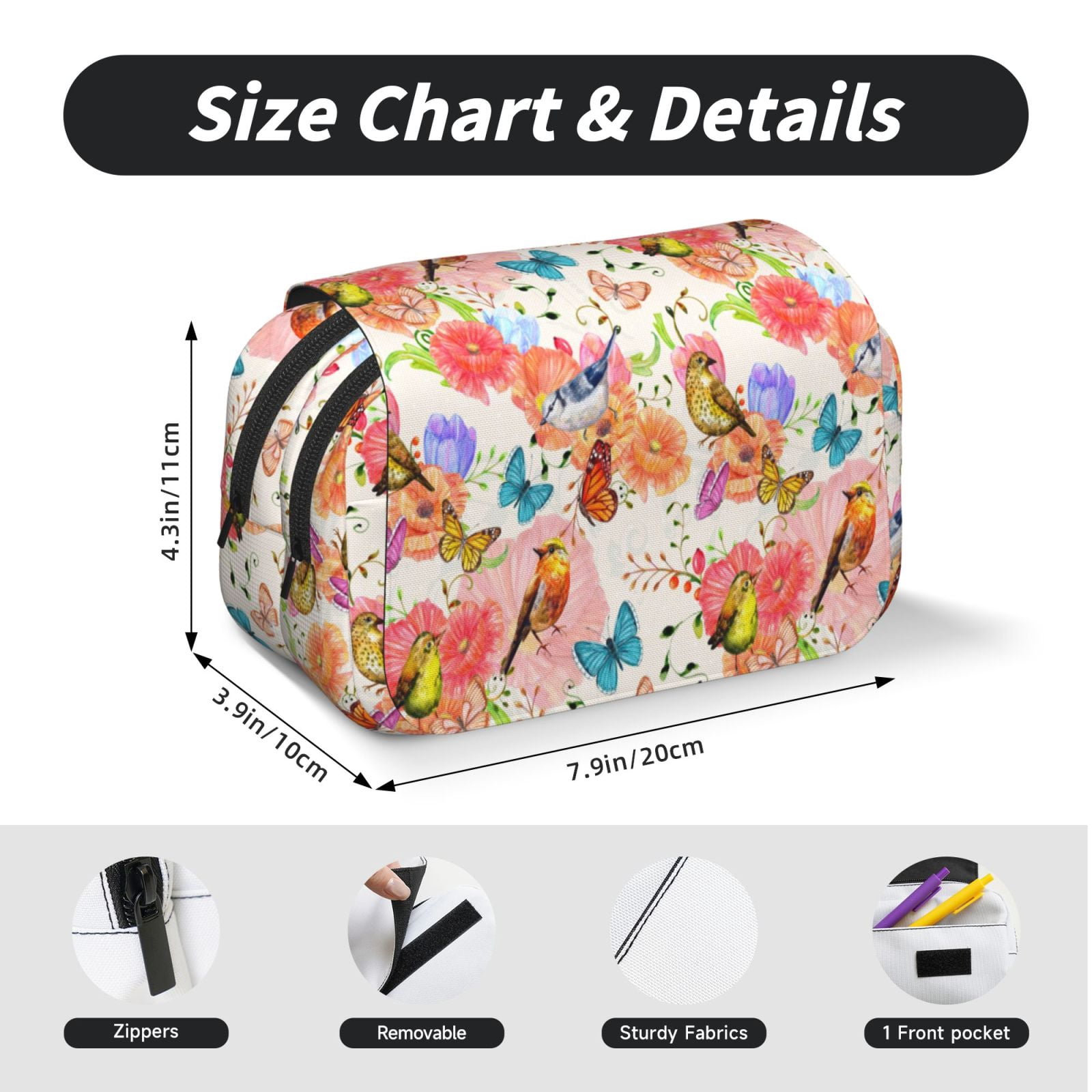 Rateoe Flowers And Birds Watercolor Pattern Double Clamshell Pen Case, Storage Organizer with Two Zipper Compartments– Holds Up to 50 Pencils & Pens