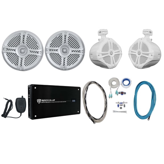 Rockville RMSTS65S Marine Boat Audio Bundle with Two 6.5-inch Speakers, Two 8-inch Wakeboard Towers, Amplifier, and Wire Kit