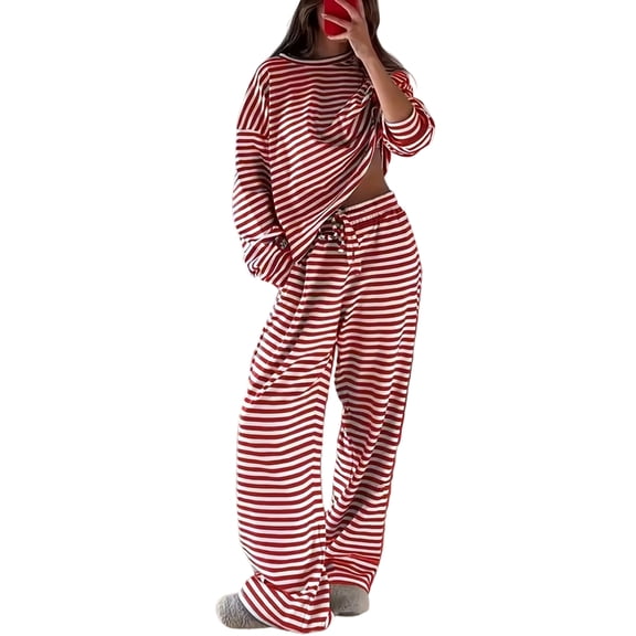 Clossjun Womens Striped Print Lounge Set 2 Piece Casual Fashion Outfit Long Sleeve Shirt & Wide Leg Pants Set for Fall Wear L
