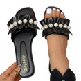 thumbnail image 4 of Ytobaz Slide Sandals for women Ruffle Pearl Faux Leather Slides Open Toe Flat Sandals Dressy Party Wedding Vacation Travel Daily Footwear, 4 of 9