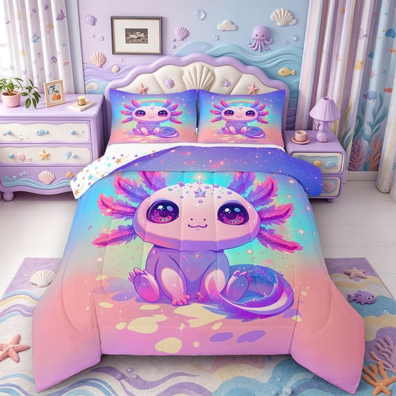 Manfei Watercolor Axolotl Full Size Comforter Sets,Colorful Salamander Bedding Comforter Set,Colorful Stars Reversible,3pcs,1 Comforter and 2 Pillowcases