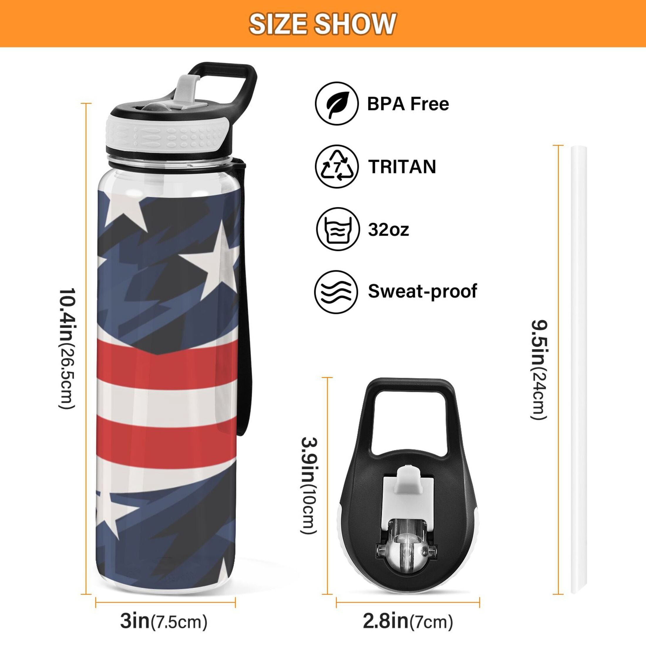 American Flag Star 32oz Water Bottles with Straw Tritan Leakproof Sports Bottle BPA Free Clear for Fitness Gym Swimming Cycling