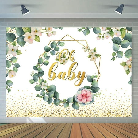Image of 7X5FT Greenery Baby Shower Backdrop Oh Baby Backdrop for Photography Green Eucalyptus Baby Shower Birthday Party Cake Table Decoration Photo Studio Props 12-423