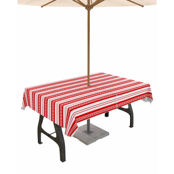 Fsddascl Boho Red Stripe Outdoor Tablecloth - 60x84 Inch Rectangle Dining Table Cover, Abstract Geometric White Minimalist Waterproof Outdoor Table Cloth with Umbrella Hole & Zipper for Picnic/Patio