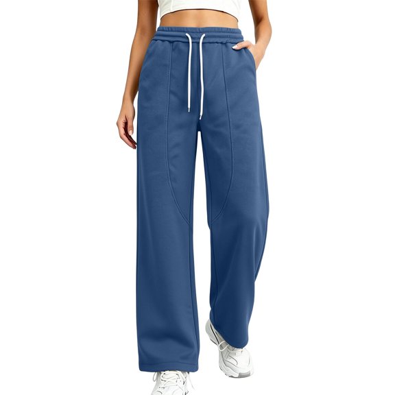 Qingpeng Womens Curved Seam Wide Leg Sweatpants Drawstring High Waist Loose Casual Solid Color Long Pants with Pockets