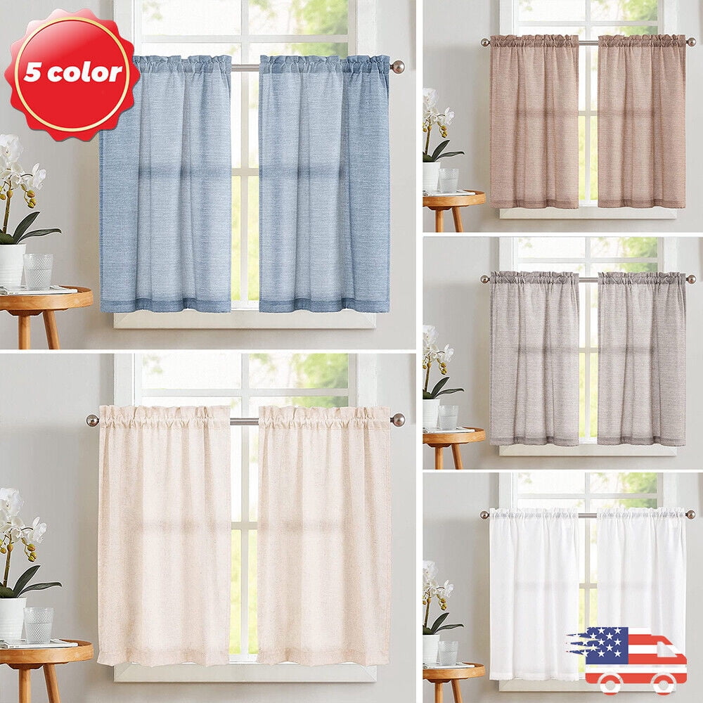 Linen Textured Short Curtains Kitchen Tiers Solid Color Cafe Drapes Rod Pocket