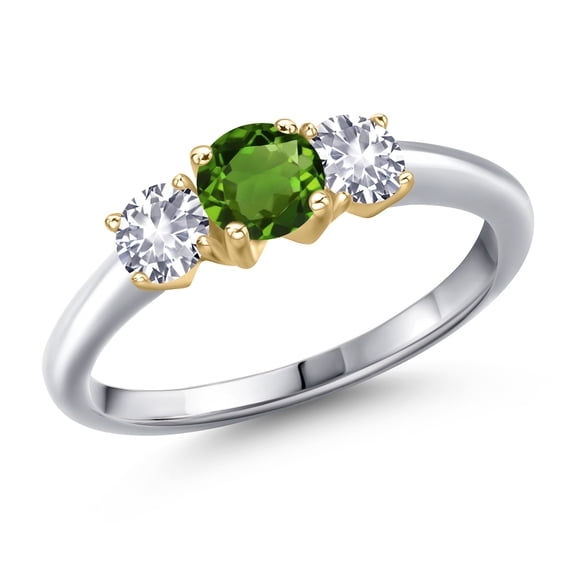 Gem Stone King 10K Two Tone Gold Green Chrome Diopside and White Created Sapphire Engagement Ring for Women | 1.00 Cttw | Round 5MM | Gemstone Birthstone | Size 6