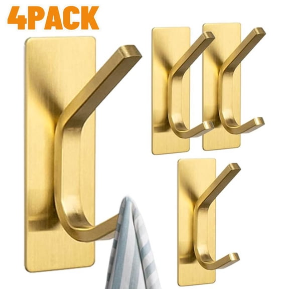 4 Pack Stainless Steel Towel Hooks/Adhesive Hooks - Brushed Gold Wall Hooks for Hanging Coat, Hat, Towel Robe Hook, Bathroom and Bedroom