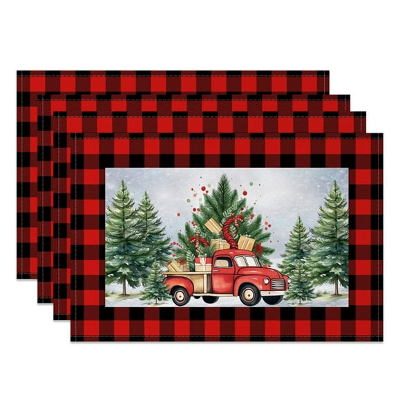 SUNOLIFE Merry Christmas Placemats Set of 4,Buffalo Plaid Winter Truck Table Place Mats 12x18 inch