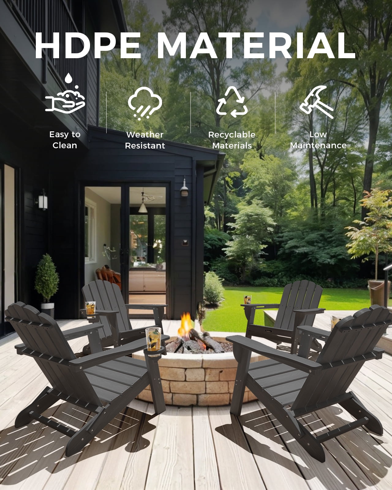 Folding Adirondack Chair, HDPE Patio Adirondack Chair with 2 Cup Holders, All-Weather Outdoor Chairs, Fire Pit Chairs for Patio, Garden, Poolside, Gray