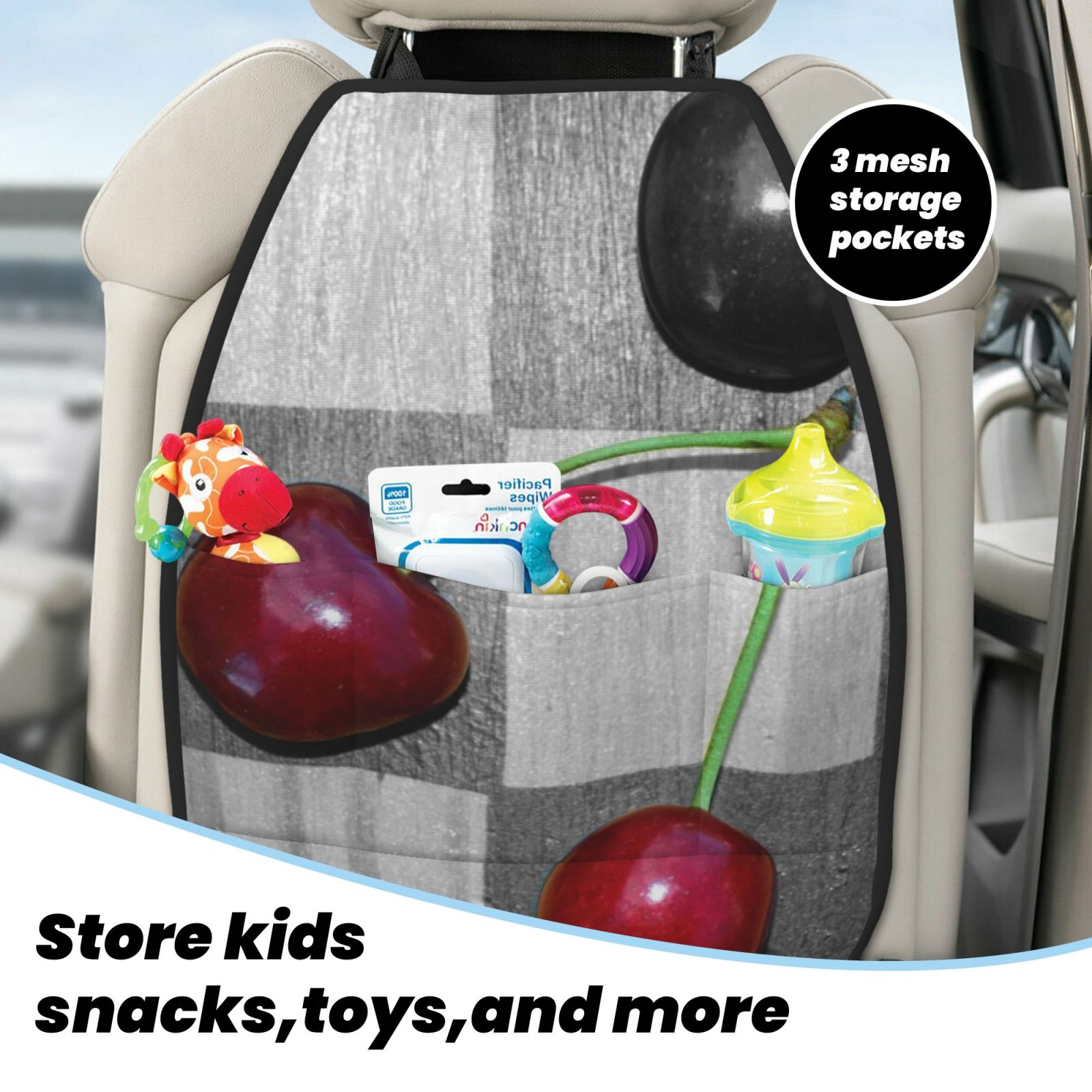 Xecao Cherries laid Pattern Car Seat Back Protector 2 Pack Large Capacity Pocket, Kick Mats Back Seat Protector