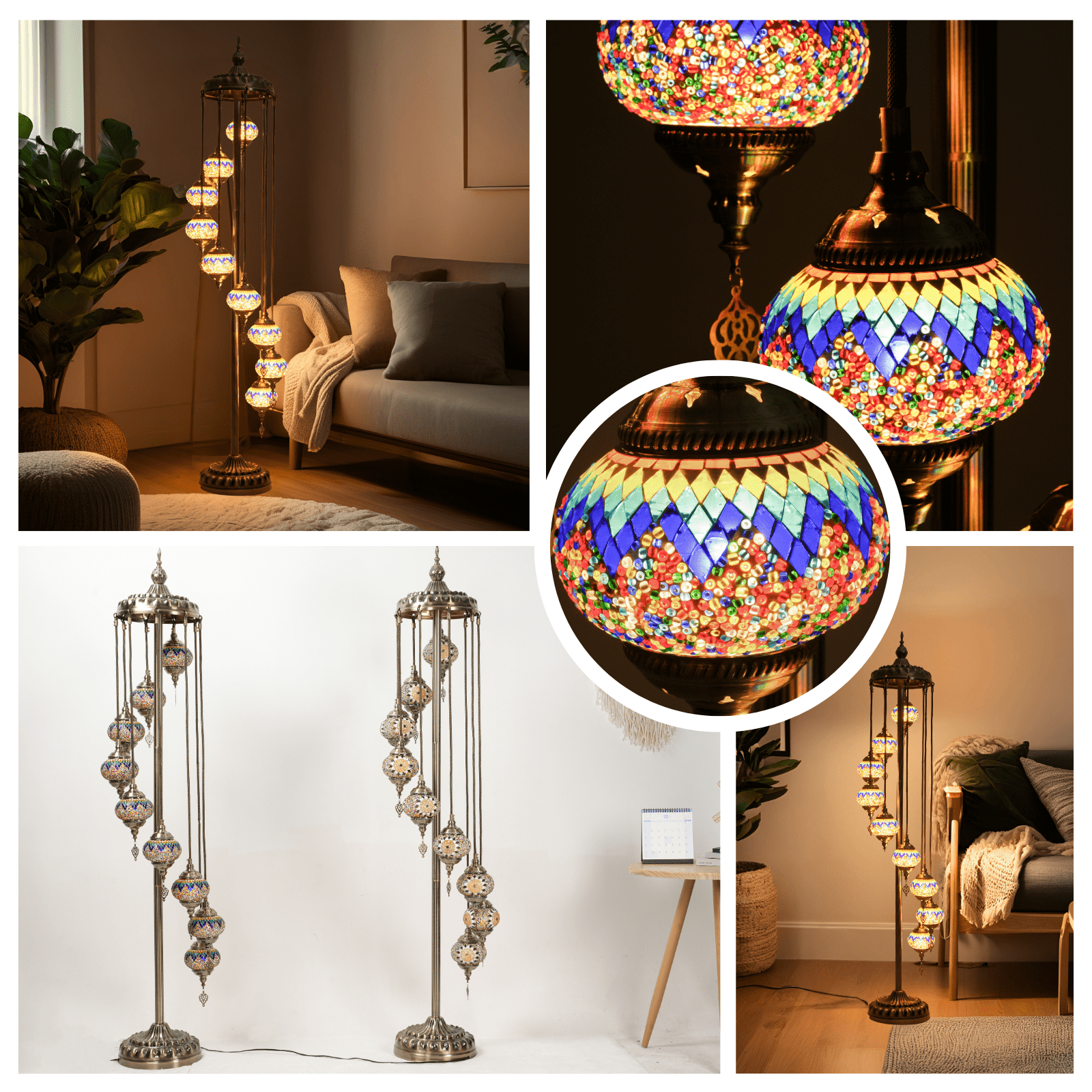 Turkish Mosaic Lamp 74in Tall Floor Standing Light,Handcrafted 9 Globe ， Moroccan Design, 5.2in Glass Spheres, No Tool Assembly, Traditional Artistry, Included E12 Bulb