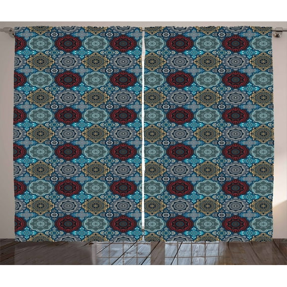 Ambesonne Moroccan Curtains 2 Panel Set, Retro Ottoman, 108" x 90", Sand Brown Blue and Ruby