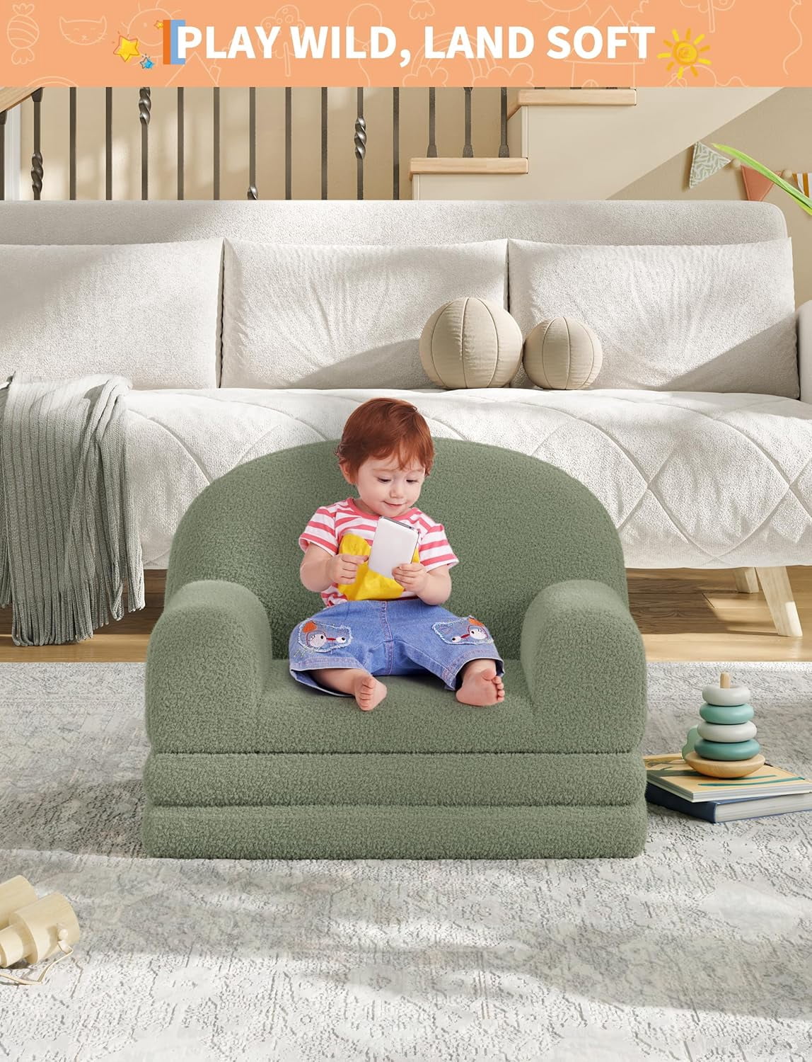 Kids Couch, 2-in-1 Convertible Teddy Fleece Fabric Toddler Sofa Chair, Soft Fold Out Couch Lounger for Kids, Comfy Children's Sofa Bed for Playroom, Nursery, Birthday Gift (Green Moon)