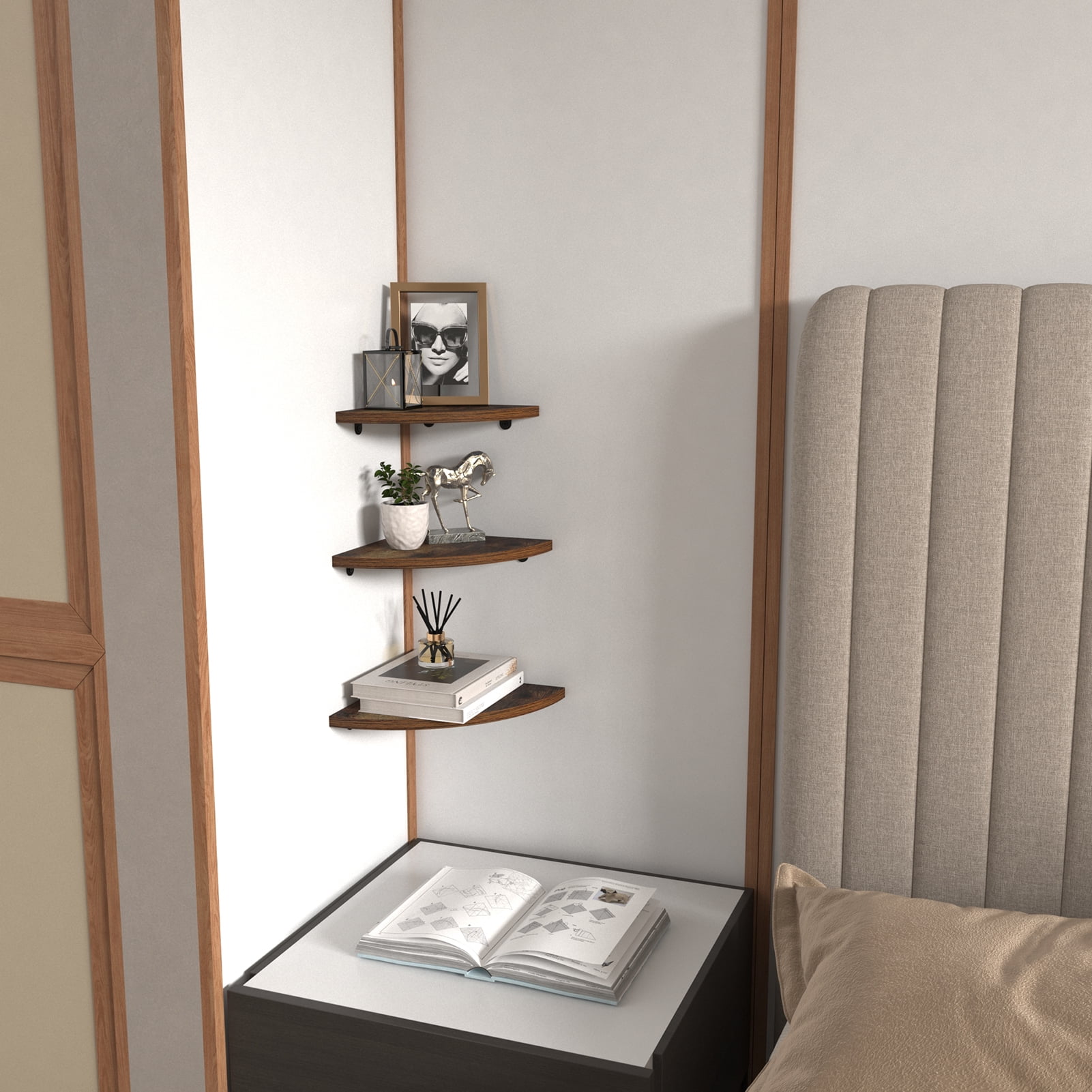 6 Tier Floating Corner Shelves for Wall, Wall Mount Decorative Shelf for Storage and Display, Brown