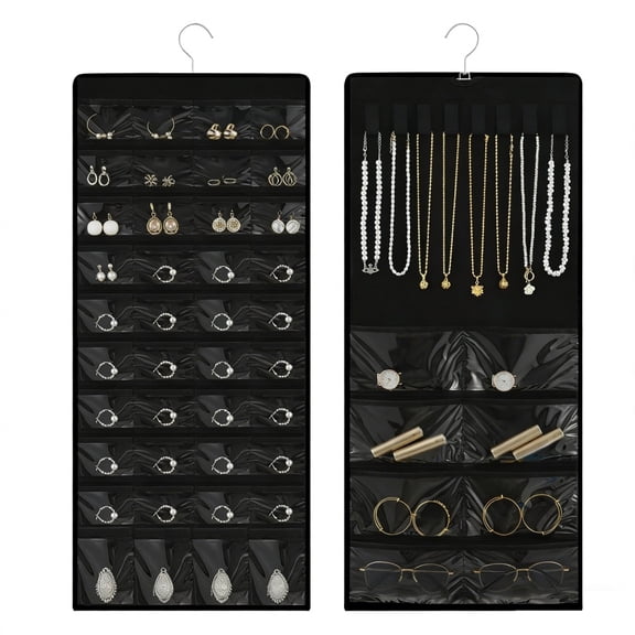 Hanging Jewelry Organizer with 48 Pockets & Hooks – Double-Sided Storage for Earrings, Necklaces, Bracelets, Glasses, Foldable Closet Organizer (Black)