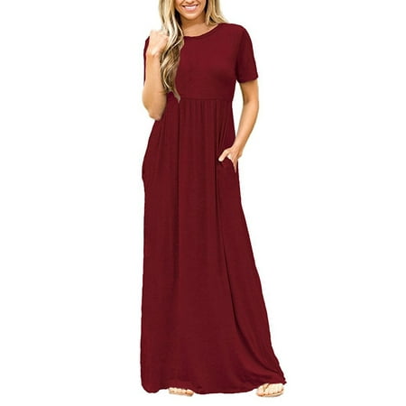 Women Boho Casual Plain Short Sleeve O-neck Loose Solid Party Long Beach Dresses Oversized (Best Maxi Dresses For Petites)