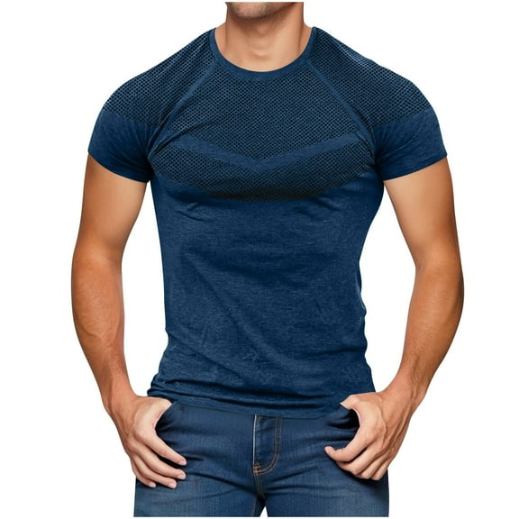 YLSDY Men's Short Sleeve T-Shirts Solid Color Basic Tees Shirts Summer Mesh Tshirts Breathable Sports Tops Blue XXL