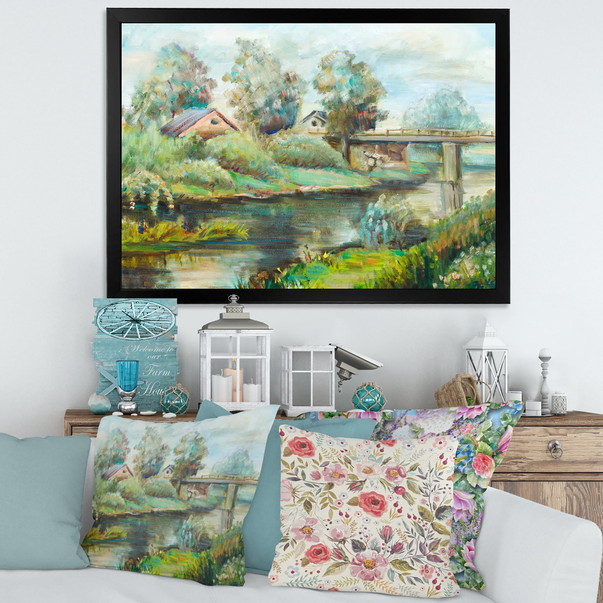 Designart 'Rustic Landscape With Bridge On The River' Lake House Framed Art Print