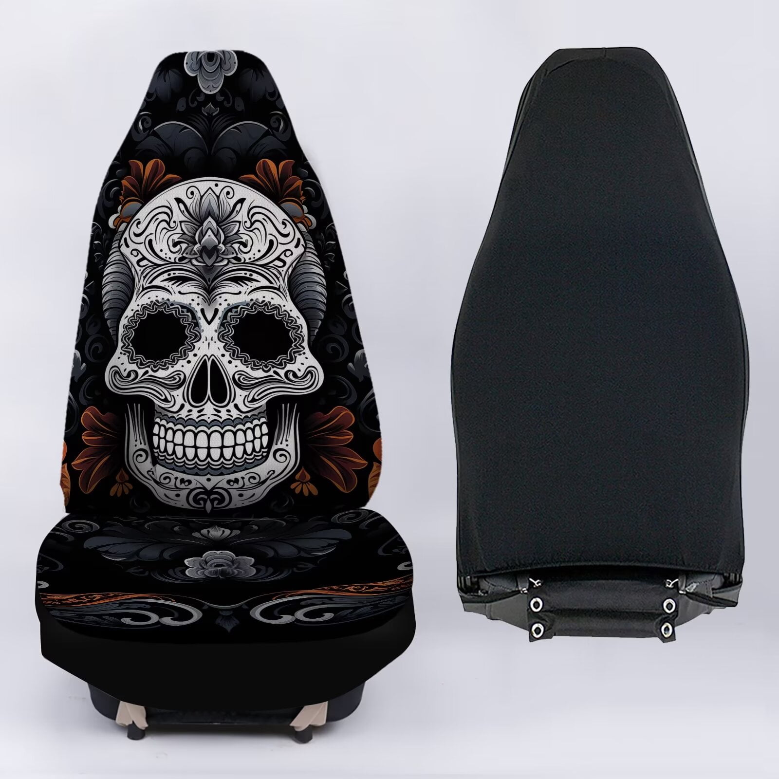 Uourmeti Universal 2pcs Front Seat Cover, Bohemian Sugar Skull Print Durable Car Seat Protector, Vehicle Seat Protector for Auto Sedan SUV Truck Auto Accessories