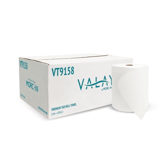 PYYP Tissue Valay Universal TAD Roll Towels, 1-Ply, 8-inch x 600 ft., White, 6 Rolls/Carton (VT9158)