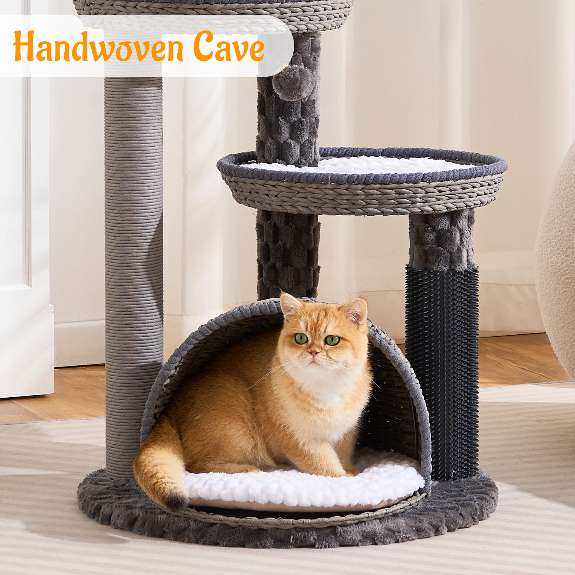 HITTITE Modern Cat Tree Tower with Scratching Post, 46 Inches Tall Cat Towers with Woven Cat Nests and Cave, Removable Cushions and Massage Brush for Indoor Cats Large Adult.