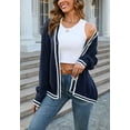 thumbnail image 4 of Contrast Varsity Striped Button Up Cardigan Sweater Long Sleeve for Women Navy Large, 4 of 5
