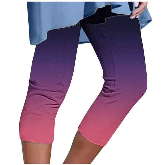 Womens Ombre Straight Leg Capri Pants Elastic Waist Pull On Cropped Trousers Summer Casual High Waisted Vacation Beach Pants Red