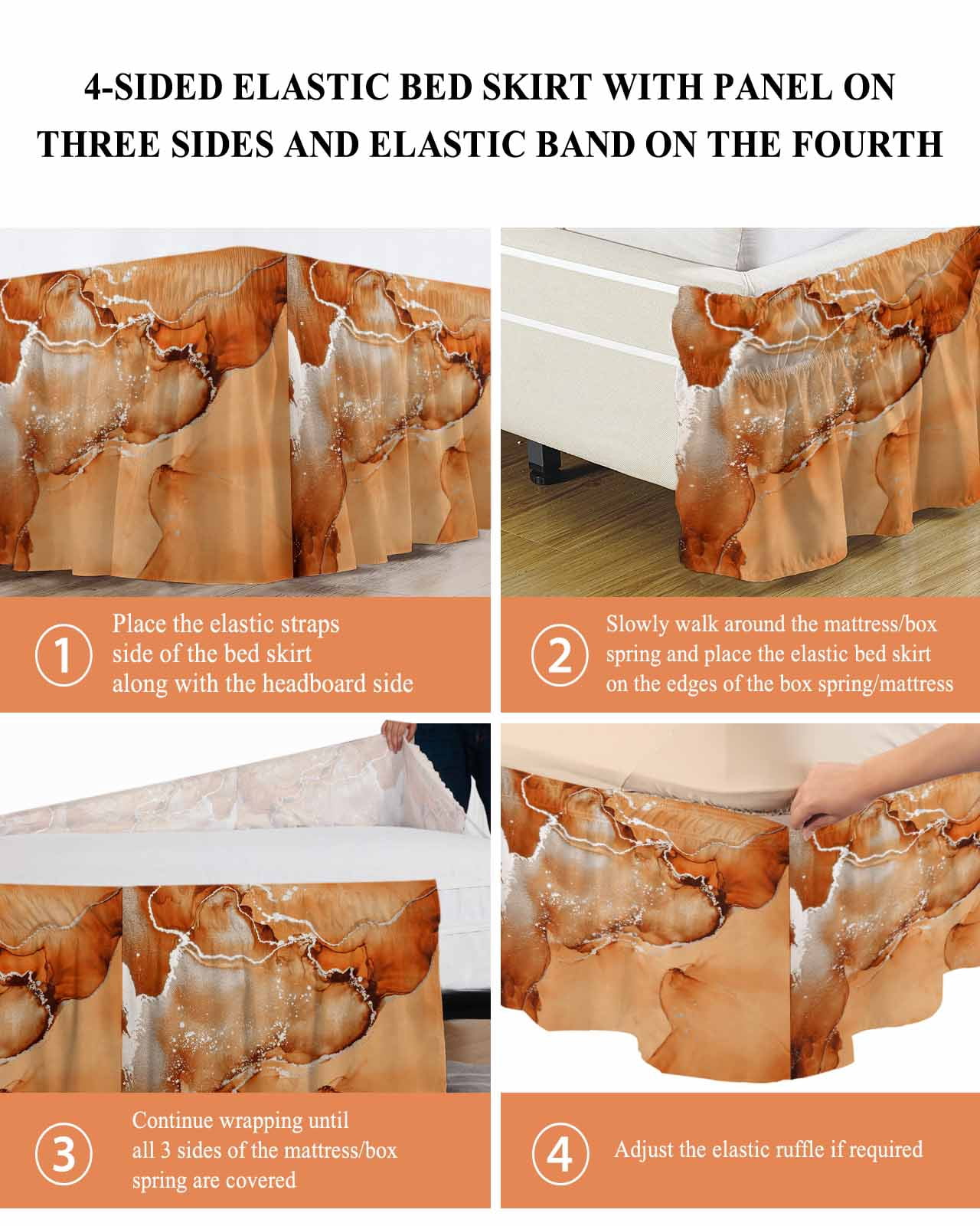 Burnt Orange Abstract Bed Skirt California King Size 18" Drop Silver Marble Ripples Luxury Fluid Art Ruffled Wrap Around Bed Skirts Adjustable Elastic Bedskirt Dust Ruffle for California King Beds